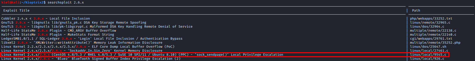 Kioptrix searchsploit Linux Kernel