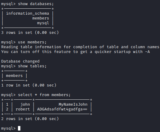 Kioptrix Level 1.3 enumerate members database