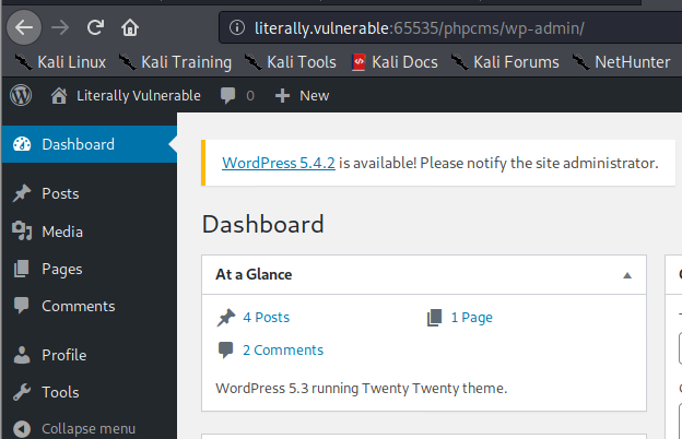Literally Vulnerable WordPress dashboard