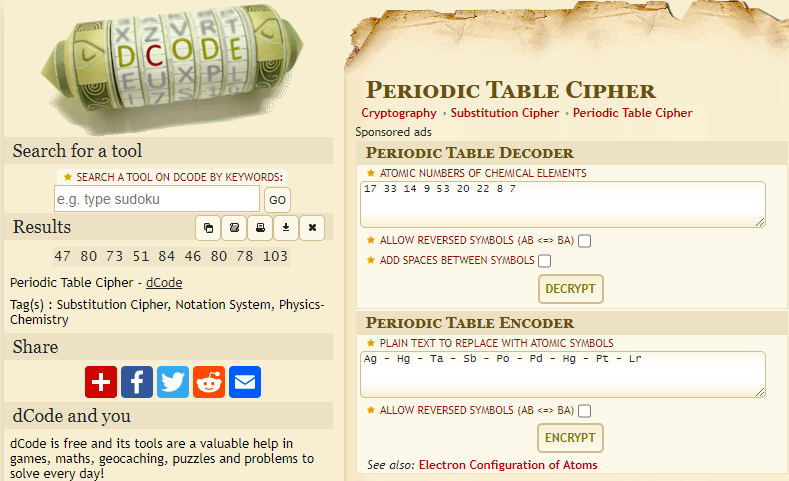 Nax Periodic Table Cipher