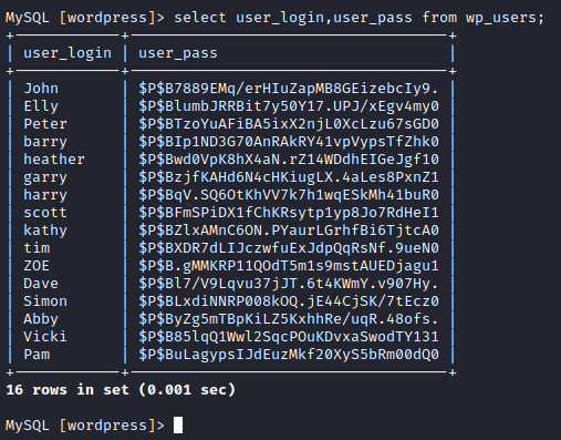 Stapler 1 mysql wp_user modified query