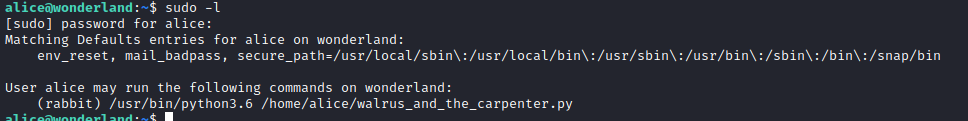 Wonderland alice sudo -l