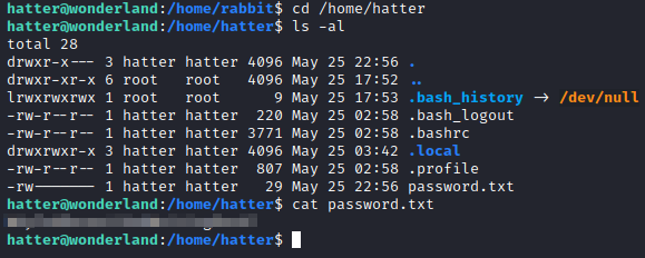 Wonderland hatter password.txt