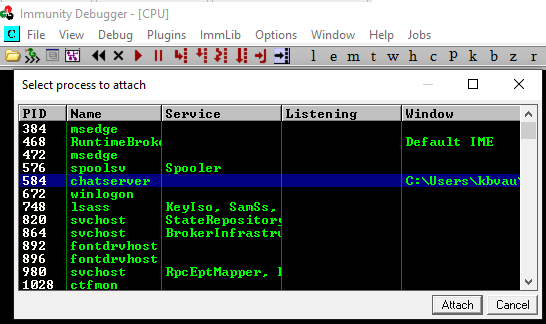 Brainstorm Immunity Debugger Attach chatserver