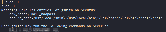 Erit Securus jsmith sudo -l