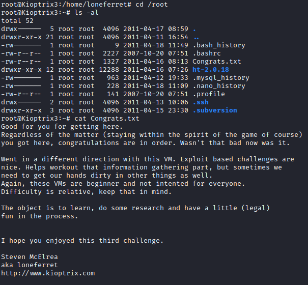 Kioptrix Level 1.2 root flag Congrats.txt