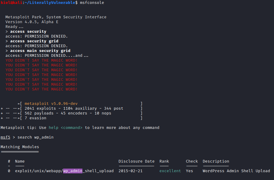 Literally Vulnerable msfconsole