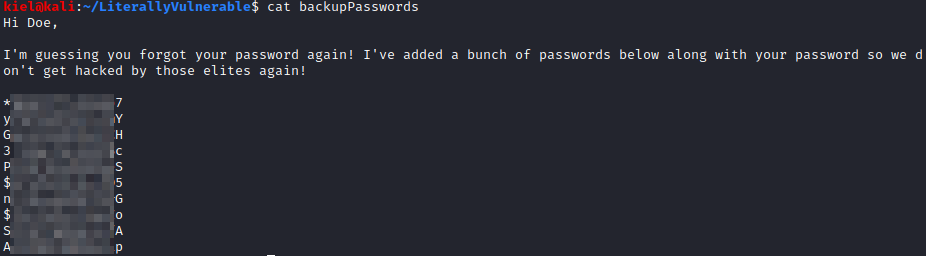 Literally Vulnerable backupPasswords