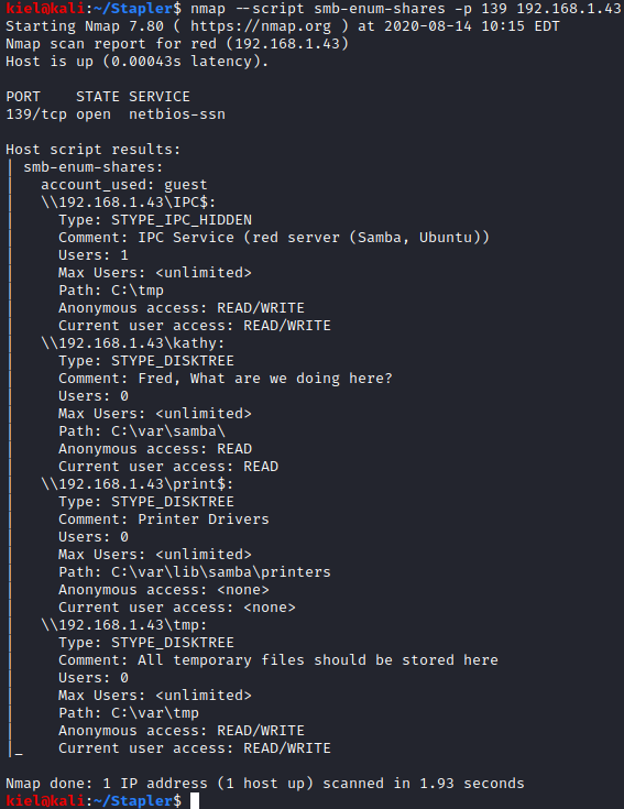 Stapler 1 nmap enumerate smb shares