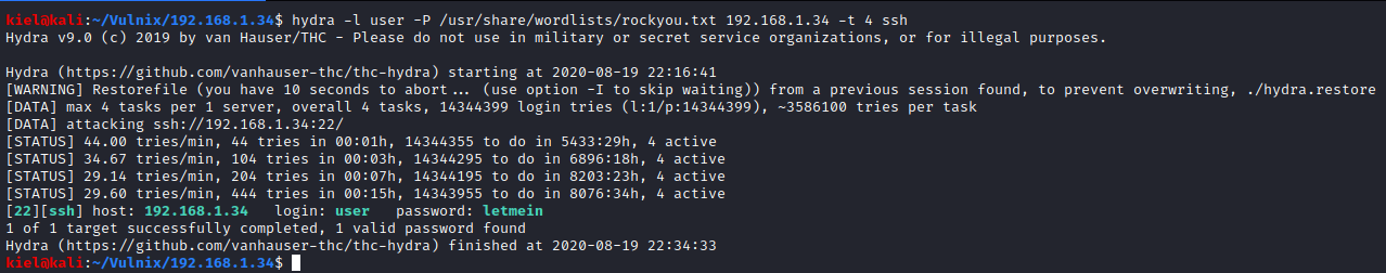 Vulnix hydra ssh brute force